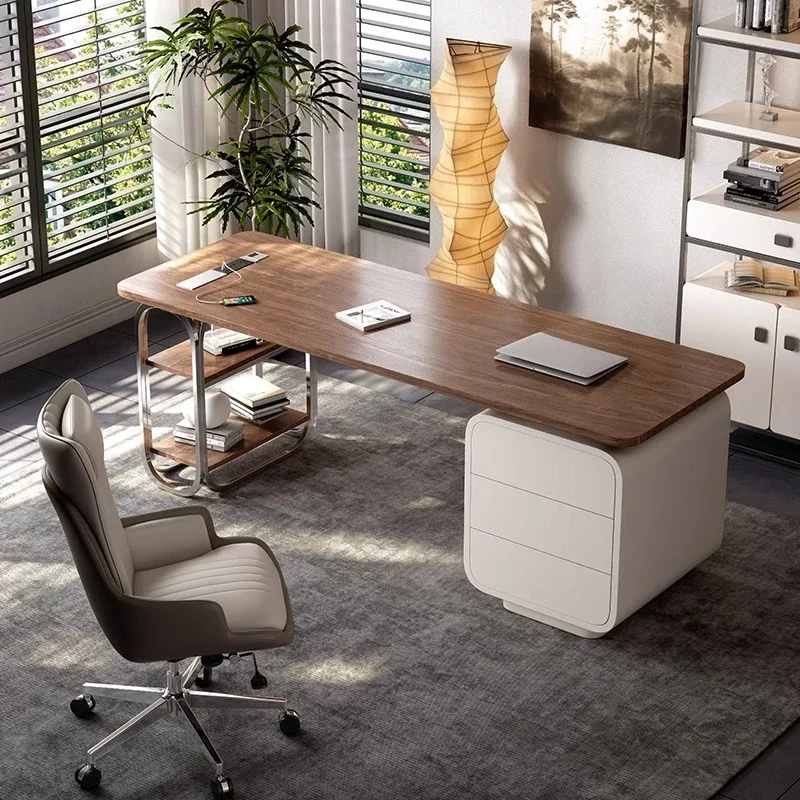 LJYHigh-grade solid wood desk Modern minimalist office Walnut veneer stainless steel computer desk