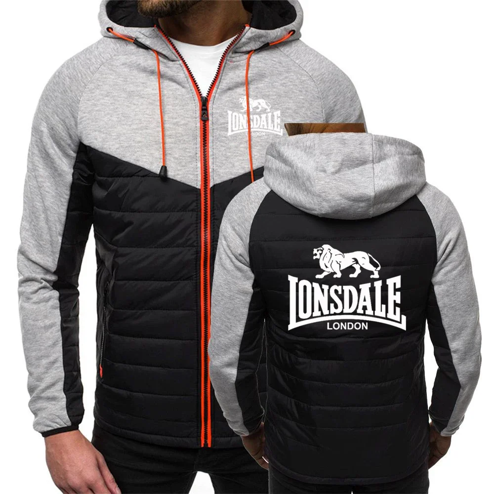 Men New Winter Lonsdale Hooded Cotton Jacket Casual Fashion Slim Fit Patchwork Zipper Coat Long Sleeves Keep Warm Man Clothes