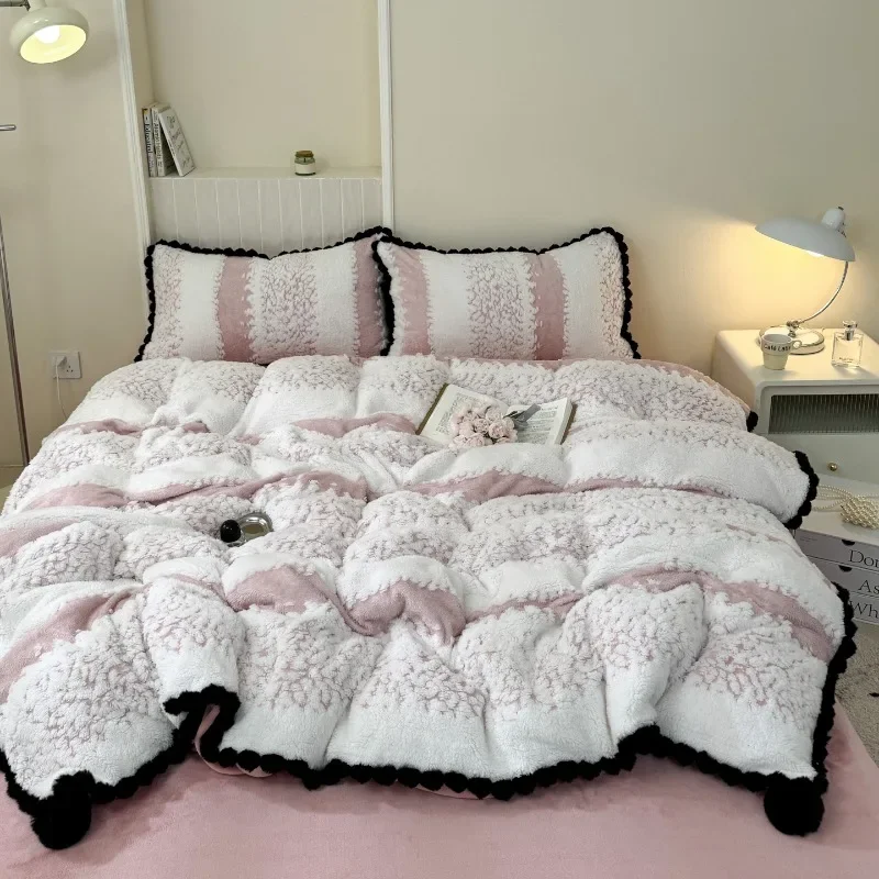 Winter moire velvet fringed ball lace four-piece set milk velvet ball blanket quilt cover double-sided velvet winter