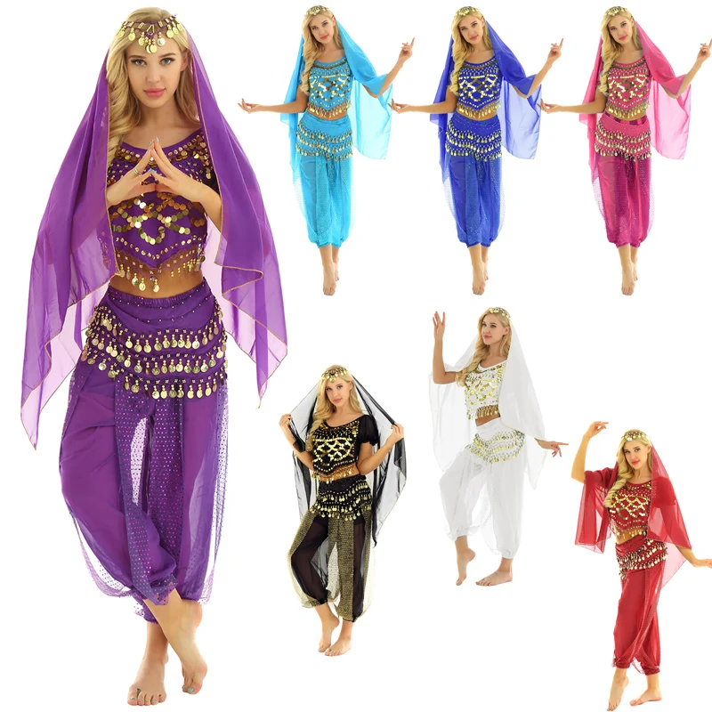 Women Ladies Bollywood Belly Dance Costumes India Arabian Stage Coins Lace-up Back Top Harem Pants Halloween Costume Cosplay