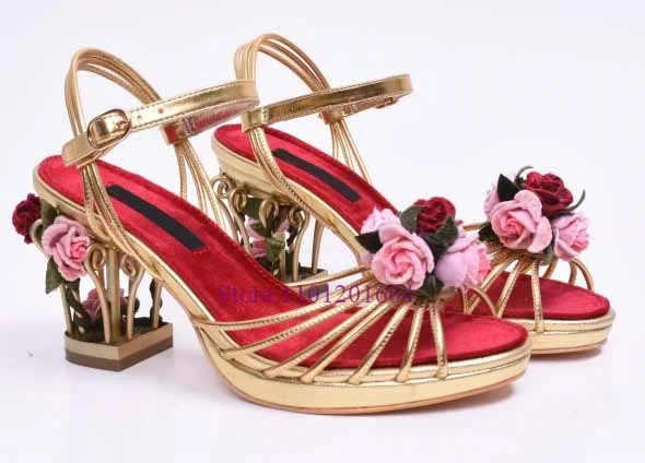 Fashion Flower Bird Cage High Heels For Woman Wedges Ankle Strap Sandals Thick Platform Dress Runway Shoes