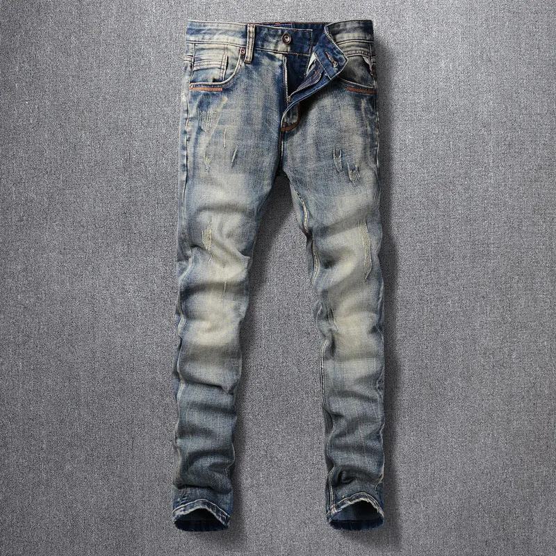 

Italian Style Fashion Men Jeans High Quality Retro Washed Blue Stretch Slim Fit Ripped Jeans Men Vintage Designer Denim Pants