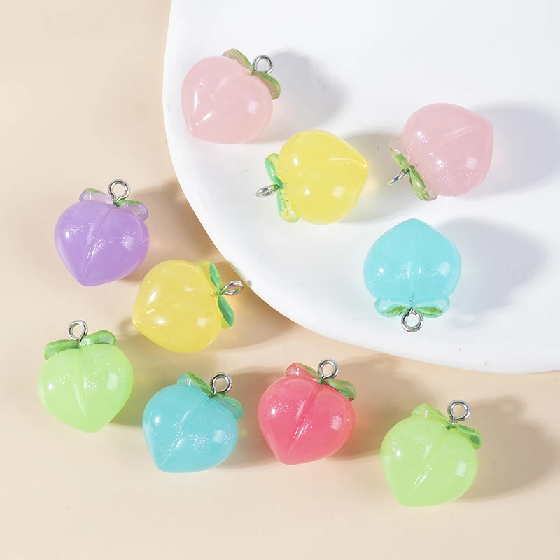 sansango 10pcs/pack Glow In Dark Fruits Peach Charms Pendant Decorations Resin Charms Peach Fashion DIY Jewelry Accessories