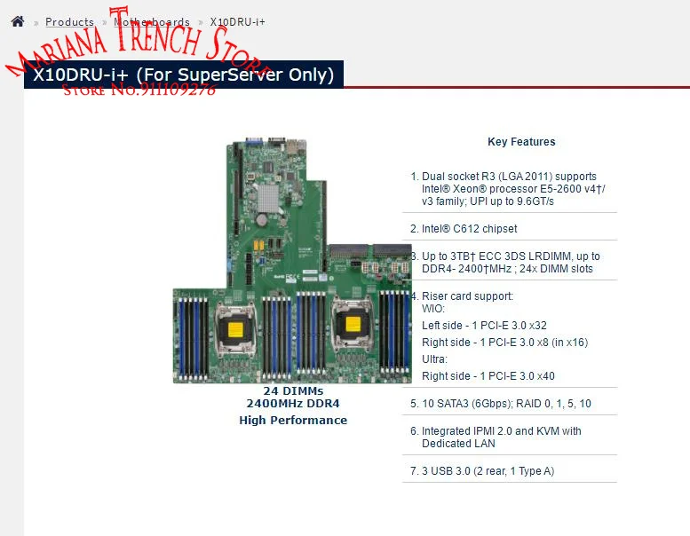 X10DRU-i + สำหรับ Supermicro ประสิทธิภาพสูงเมนบอร์ด LGA2011 E5-2600 V4/V3ครอบครัว DDR4