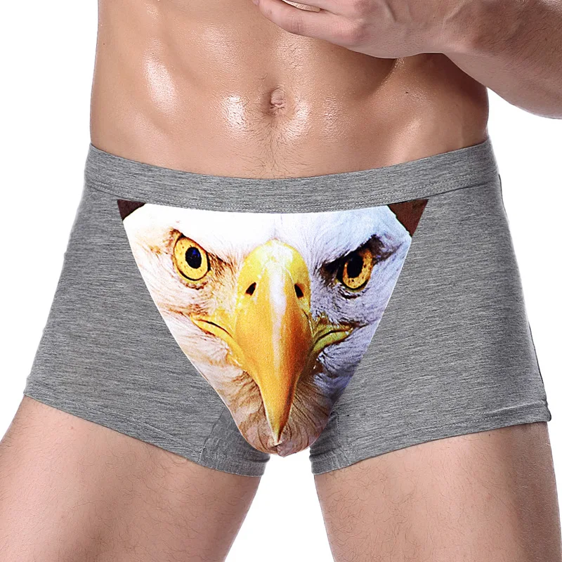 Calcinha de Boxer Masculina Respirável, Calcinha de Personalidade 3D Cabeça de Lobo Criativa Cabeça de Águia Cueca Modal Cintura Média, Animal Print