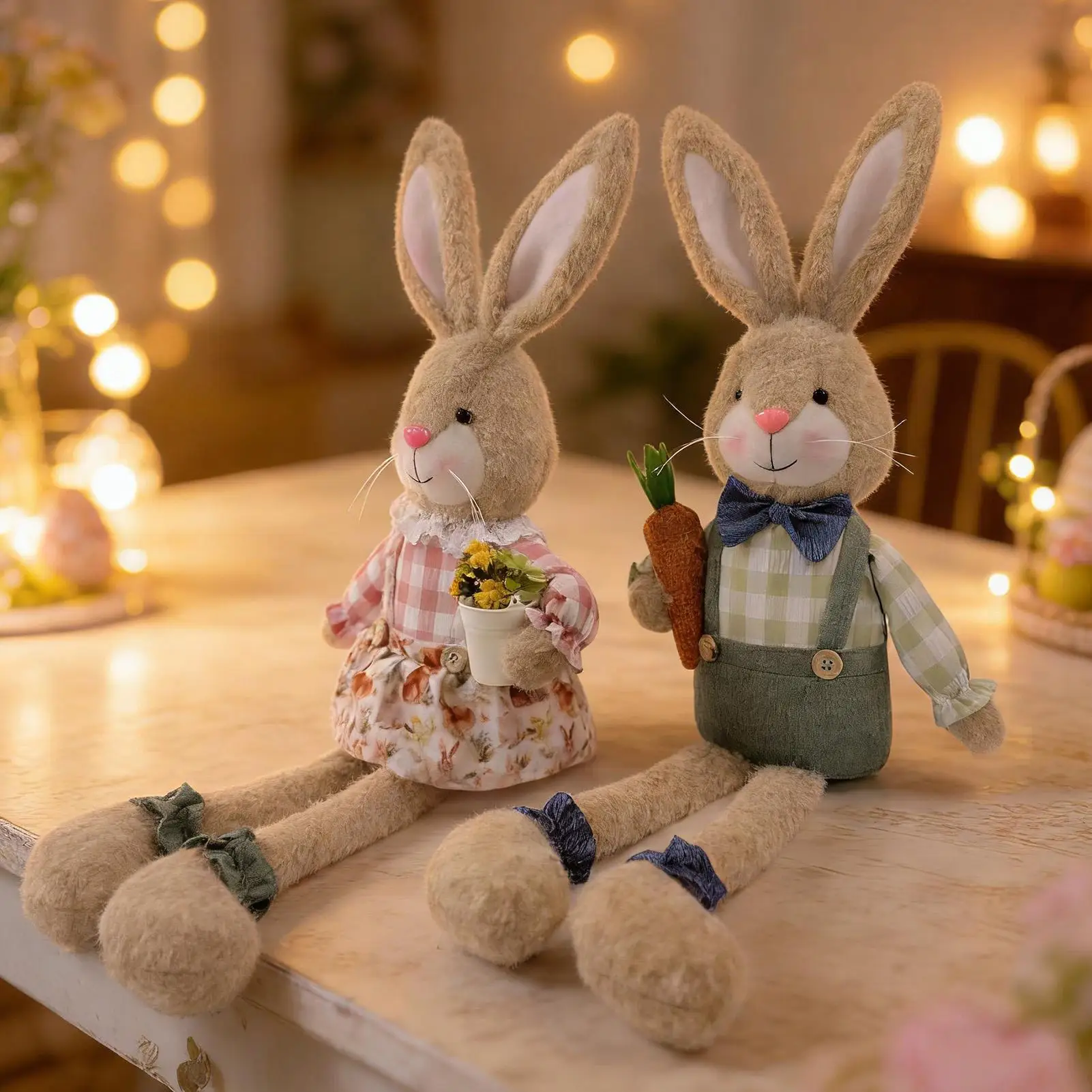 Cute Bunny Plush Doll Spring Easter Home Decor Farmhouse Rustic Shelf Desk Decor for Living Room Bedroom Apartment Party Gift