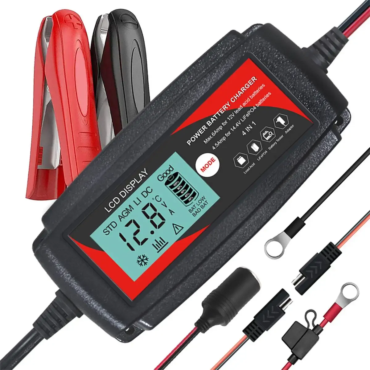 

Andeman 12V-6A/14V-6A Fully Automatic Smart Car Battery Iron Lithium Battery Charger LCD Large Screen Display IP65 Waterproof