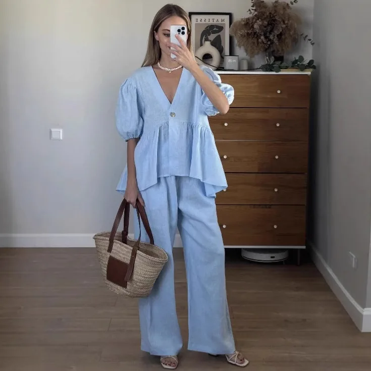 

Elegant Solid New 2 Piece Sets Fashion Women Sexy V-Neck Short Sleeve Button Vests Tops Wide Leg Pants Suit Casual Streetwear