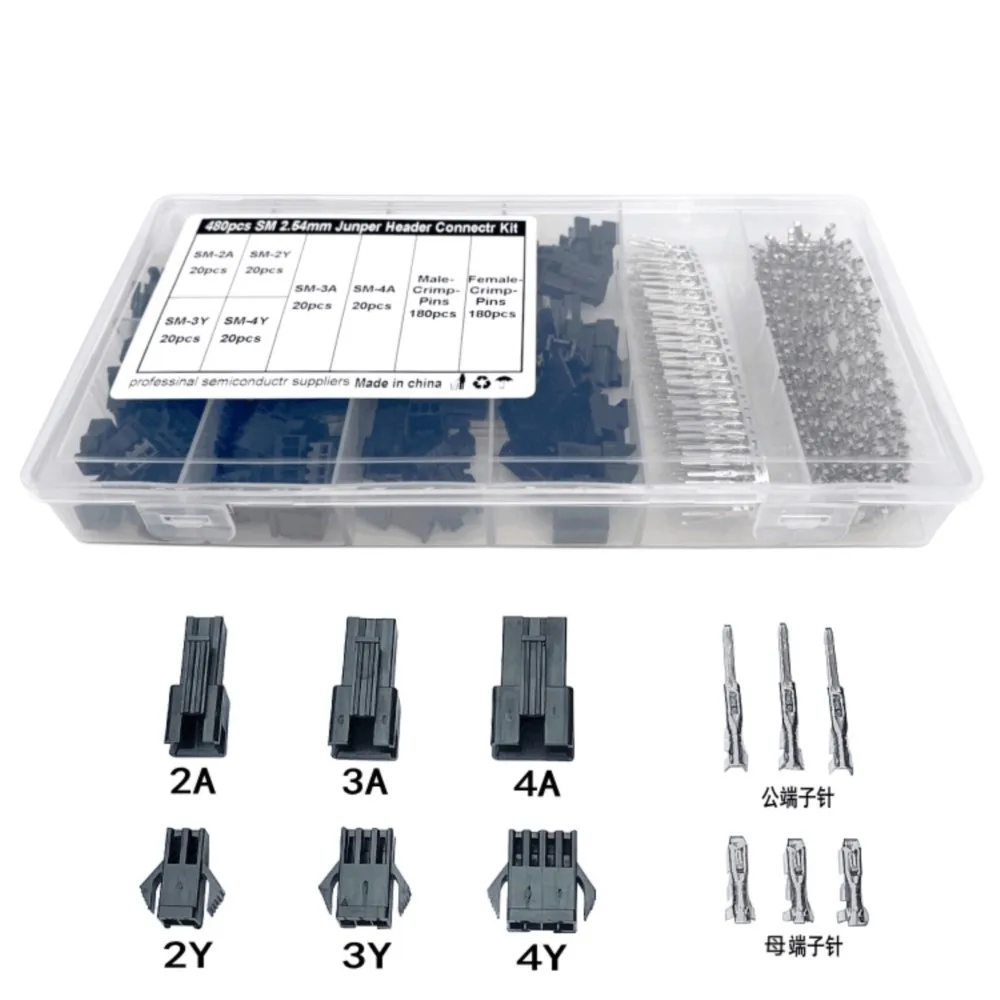 480PCS ST SM Wire Connector Plug Socket Pitch 2.54MM Female And Male Housing + Terminals JST SM2.54 2Pin/3Pin/4Pin/P Kit Box