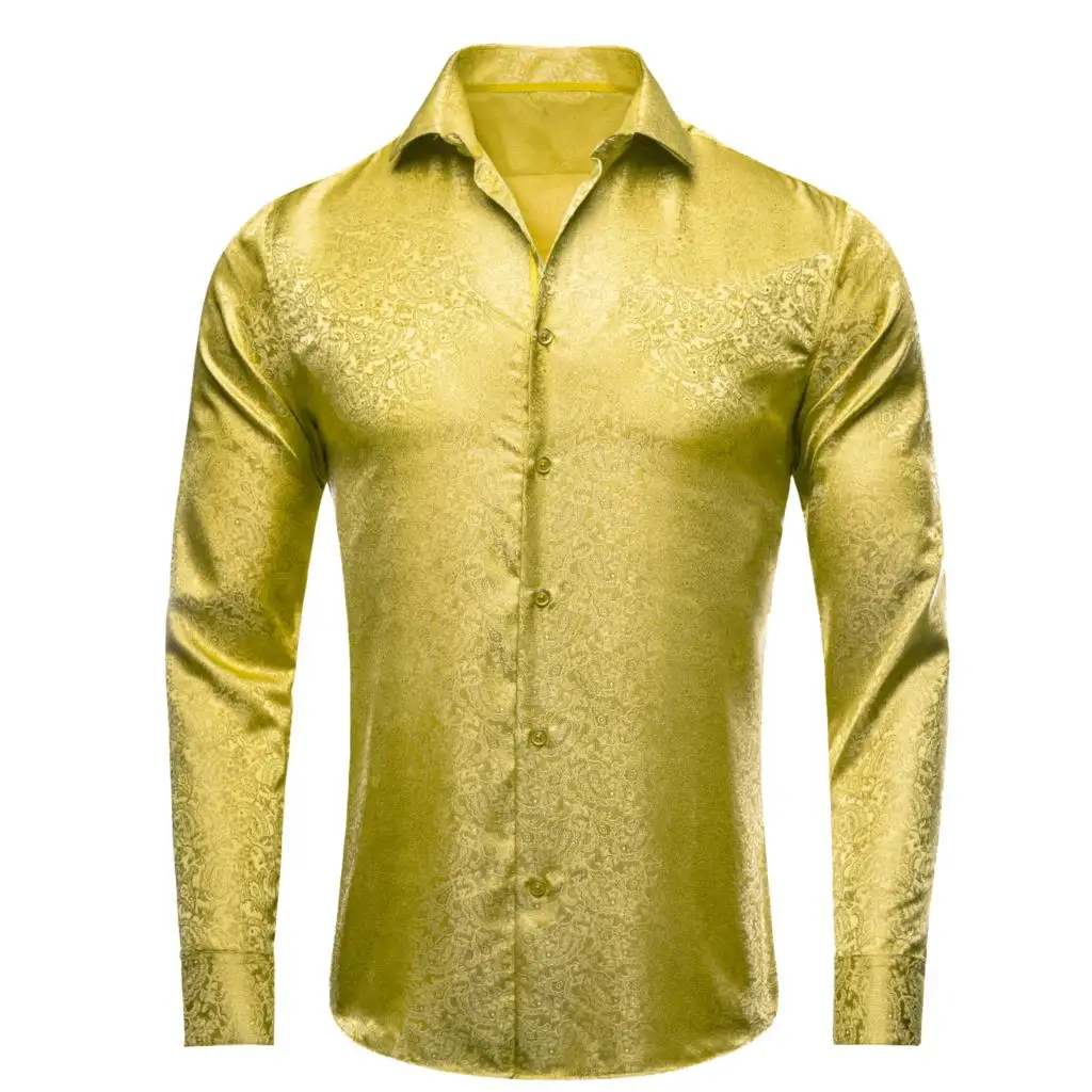 

Hi-Tie Brand Gold Silk Mens Shirts Lapel Long Sleeve Social Suit Dress Shirt Jacquard Paisley Male Blouse Wedding Business Gift