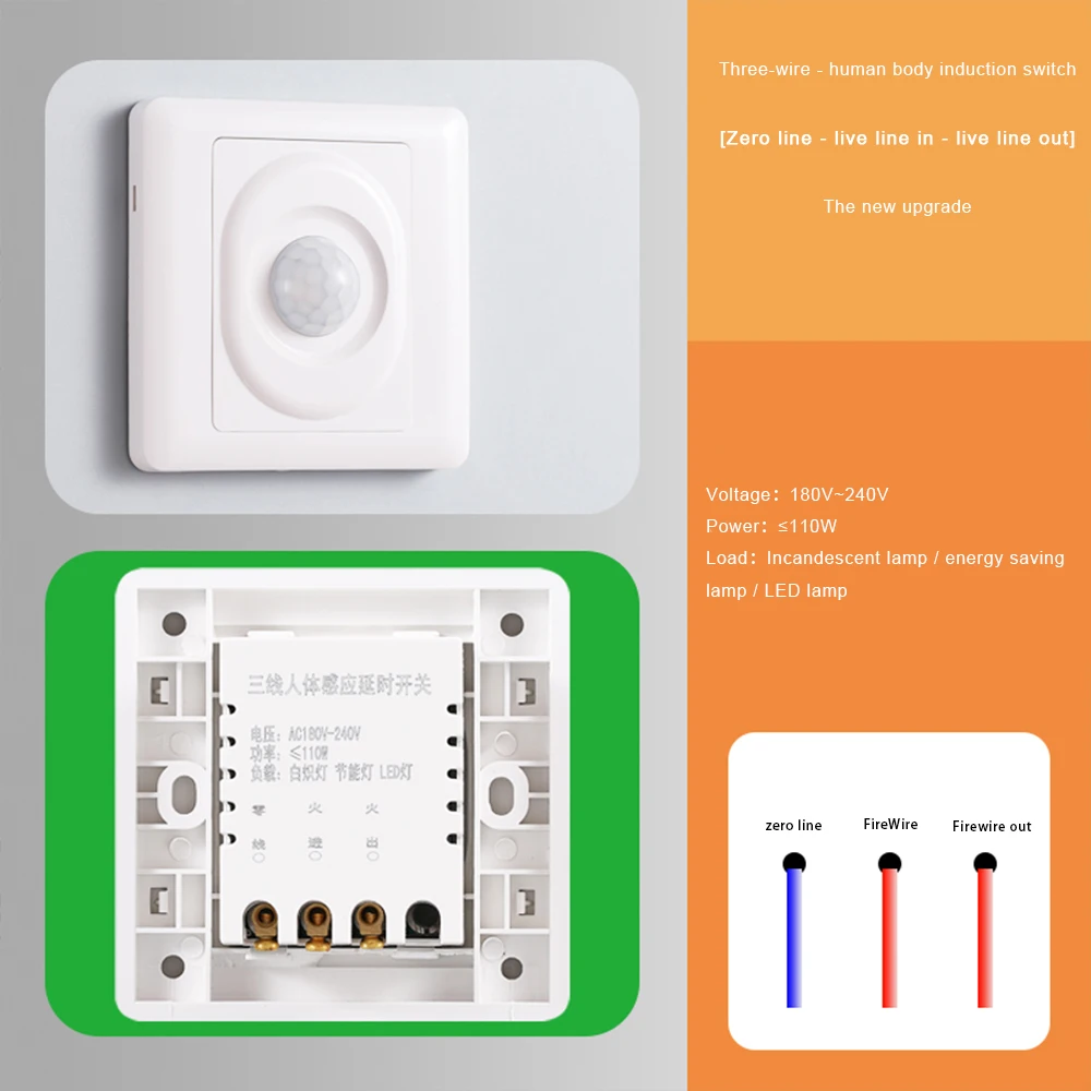 Zero Line/fire Line Infrared Human Body Induction Switch 220V 86 Type Staircase Intelligent Delay Switch Three-wire/Four-wire