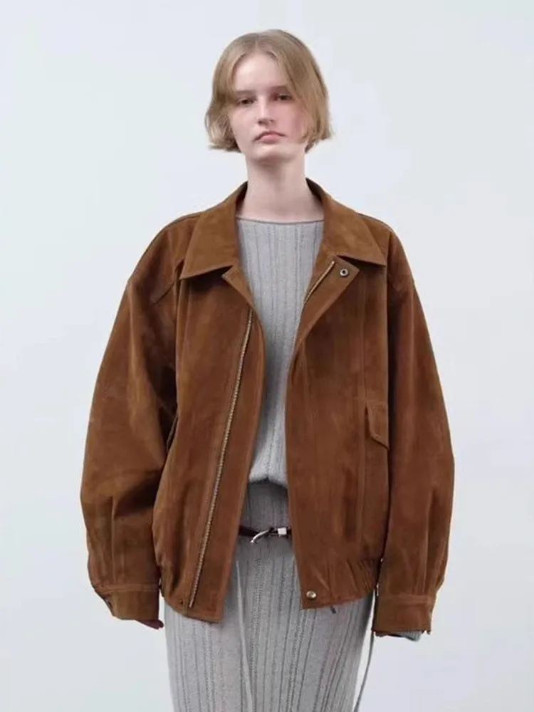 Elborn cor pura gola com zíper couro Jaet feminino outono inverno novo coreano sle commute vintage motocicleta sle leathe...