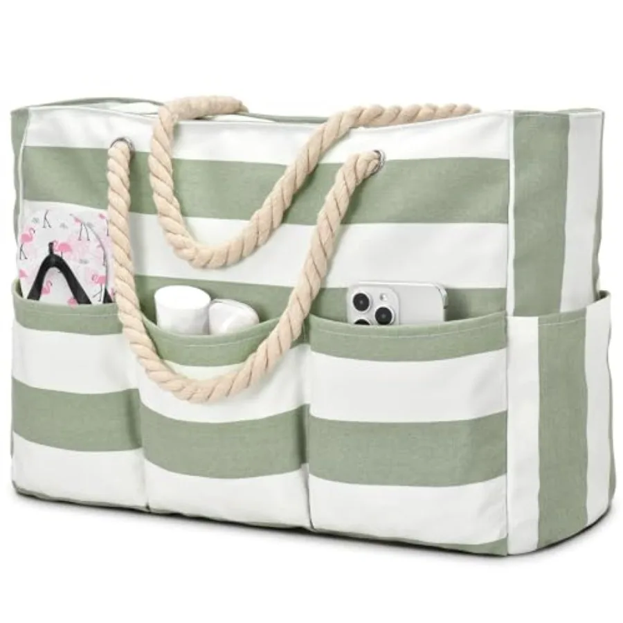 Becokan Beach Bags for Women Canvas Large Beach Tote Bag Zipper Waterproof Sandproof Foldable Swim Pool Bag with 7 Pockets