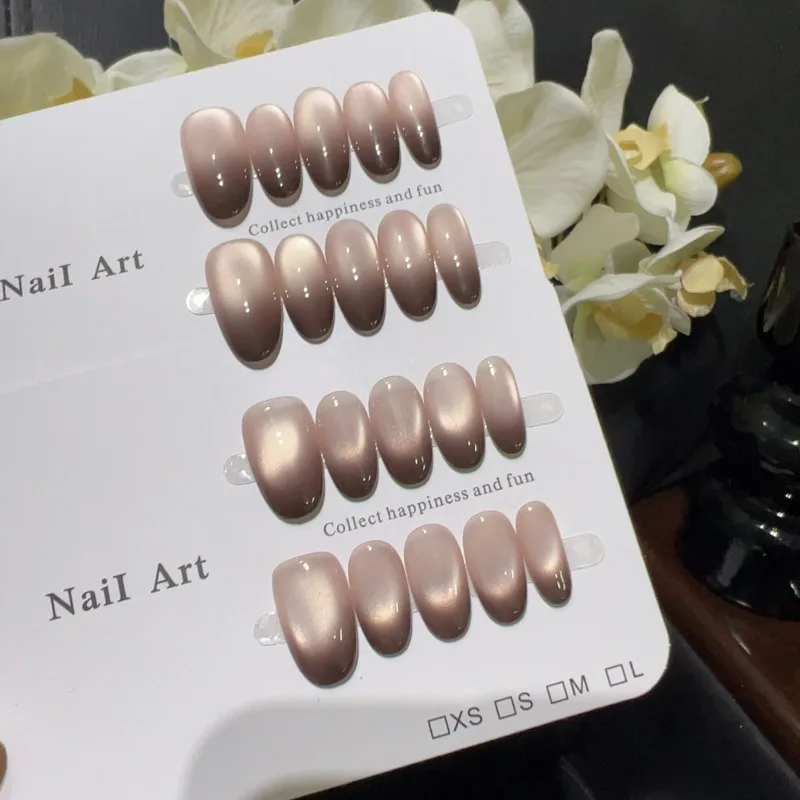 

10pcs Handcrafted Press on Acrylic Nails Short Nude Brown Gradient Cat Eye False Nails High Quality Aesthetic Stick-on Nails