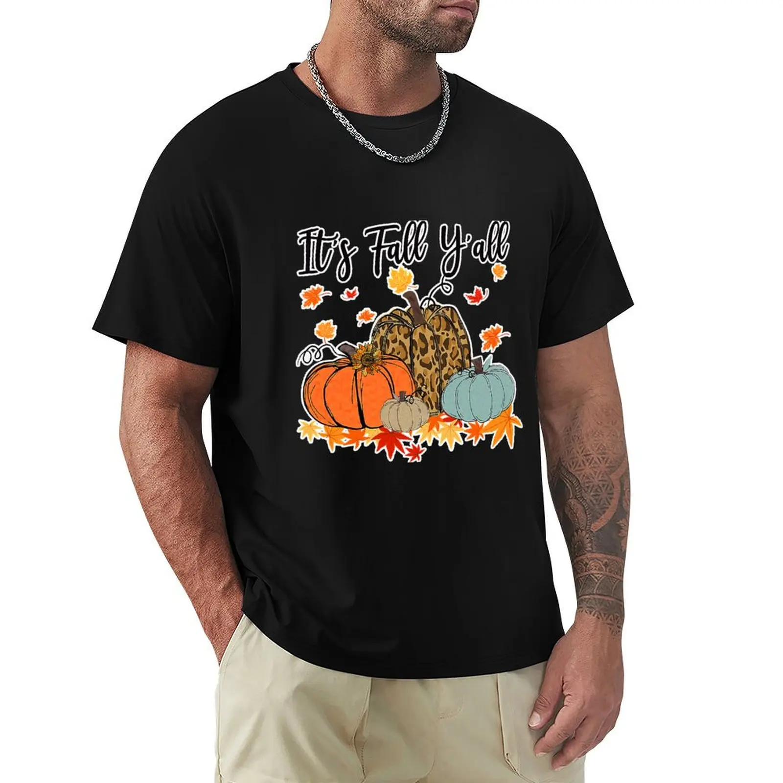 Its Fall Yall Leopard Pumpkin Autumn T-Shirt heavyweights blacks oversizeds plain white t shirts men