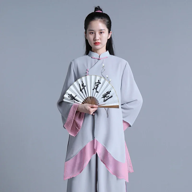 Tai Chi Clothes Women Wushu Clothes Kung Fu Competition Clothes Martial Art Uniform Wrinkle Free Hand Painted 2024 Gray