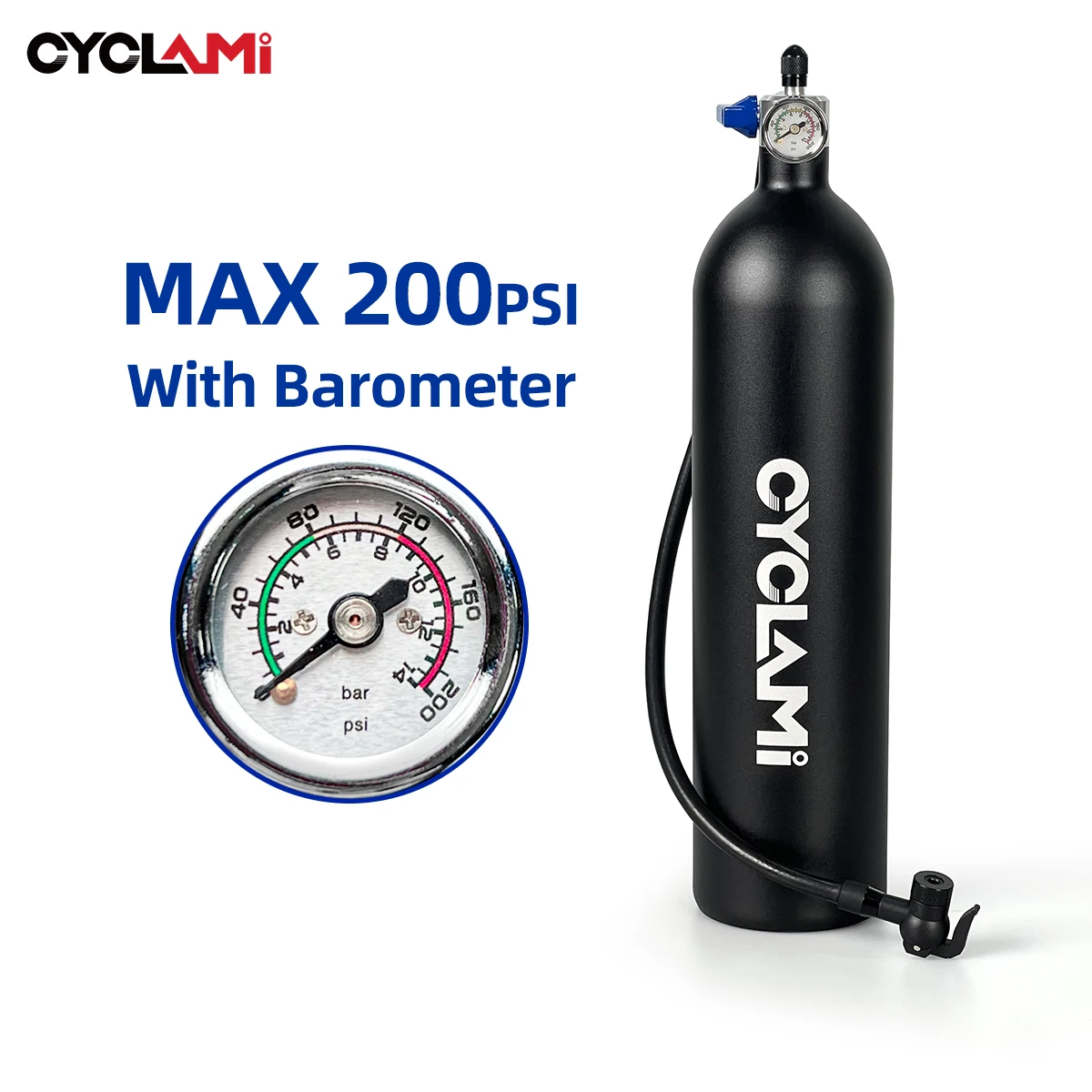 

CYCLAMI Bike Tubeless Tire Inflator Air Canister 200 PSI Tyre Air Bottle Tire Booster Air Tank with Barometer For Road MTB Tires