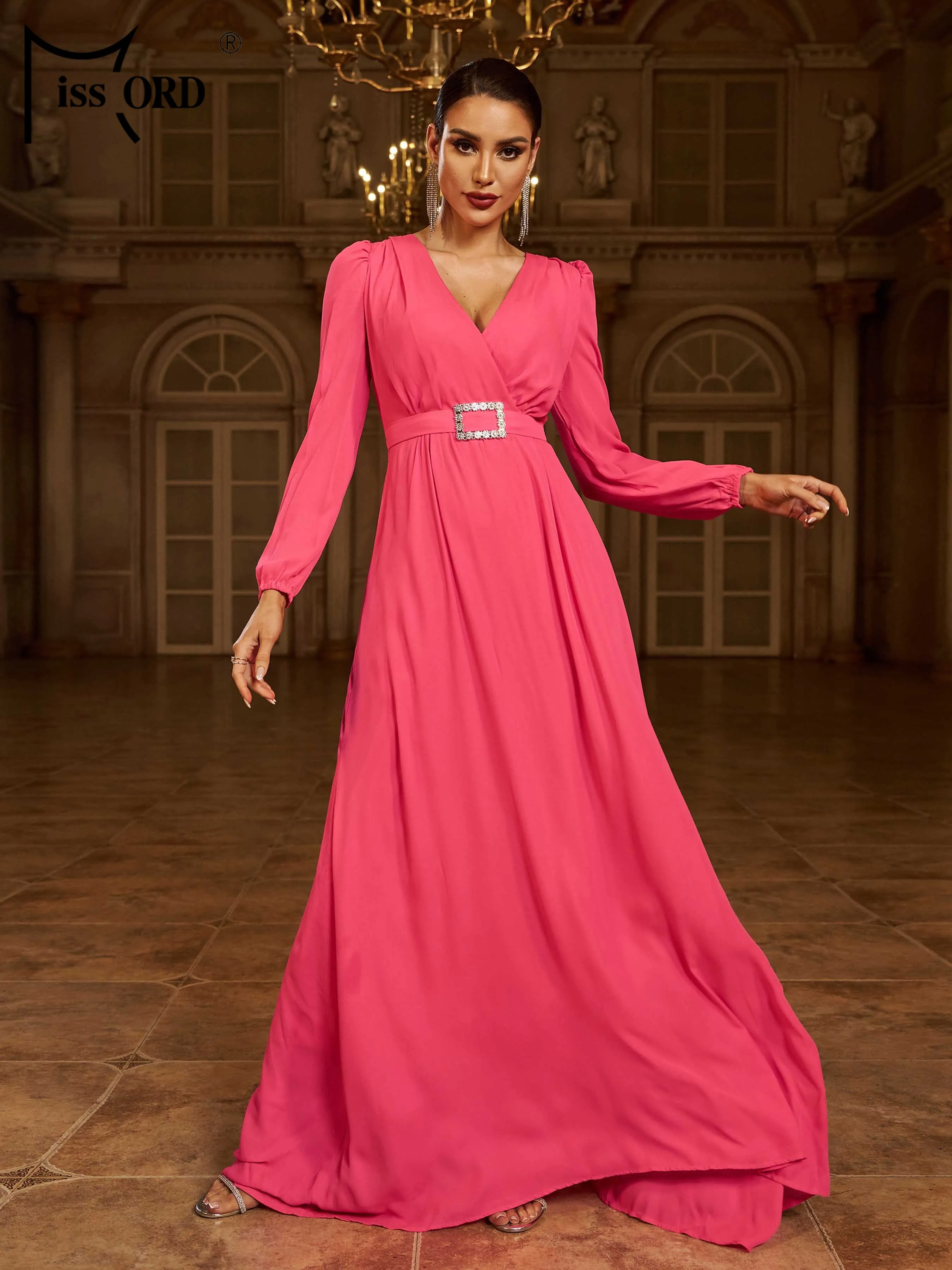 

Missord New V Neck Long Sleeved Elegant A Line Evening Gown Wedding Birthday Party High Quality Luxury Formal Occasion Dresses