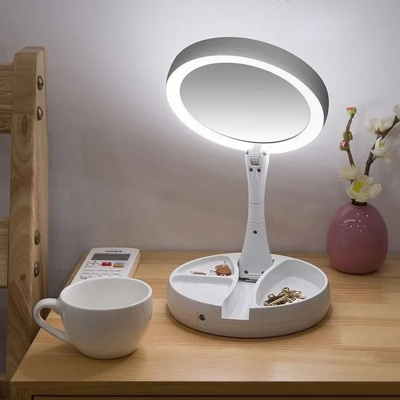 Foldable USB Charging or Battery Mirror Makeup White Vanity Cosmetic Mirror with Light  Magnifying Table Mirrors