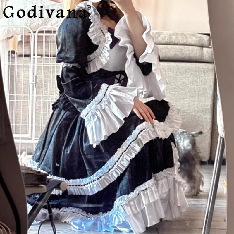 Sweet Lolita Versatile Square Neck Age Reduction Ruffles Dress Spring High Autumn Waist A-line Cosplay Cake Princess Dresses