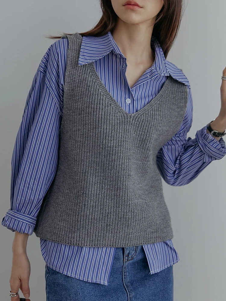 2 Two Piece Blue Striped Blouse + V Neck Sweater Vest Fashion Office Ladies Long Sleeve Shirts Women Outfits Spring Autumn Sets