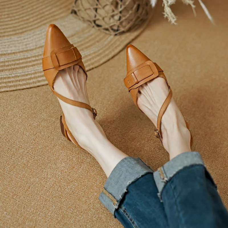 2023 Summer Heel Sandal for Women Muller Shoes Genuine Leather Slingback Elegant Thin High Heel Pointed Comfortable Woman Shoes