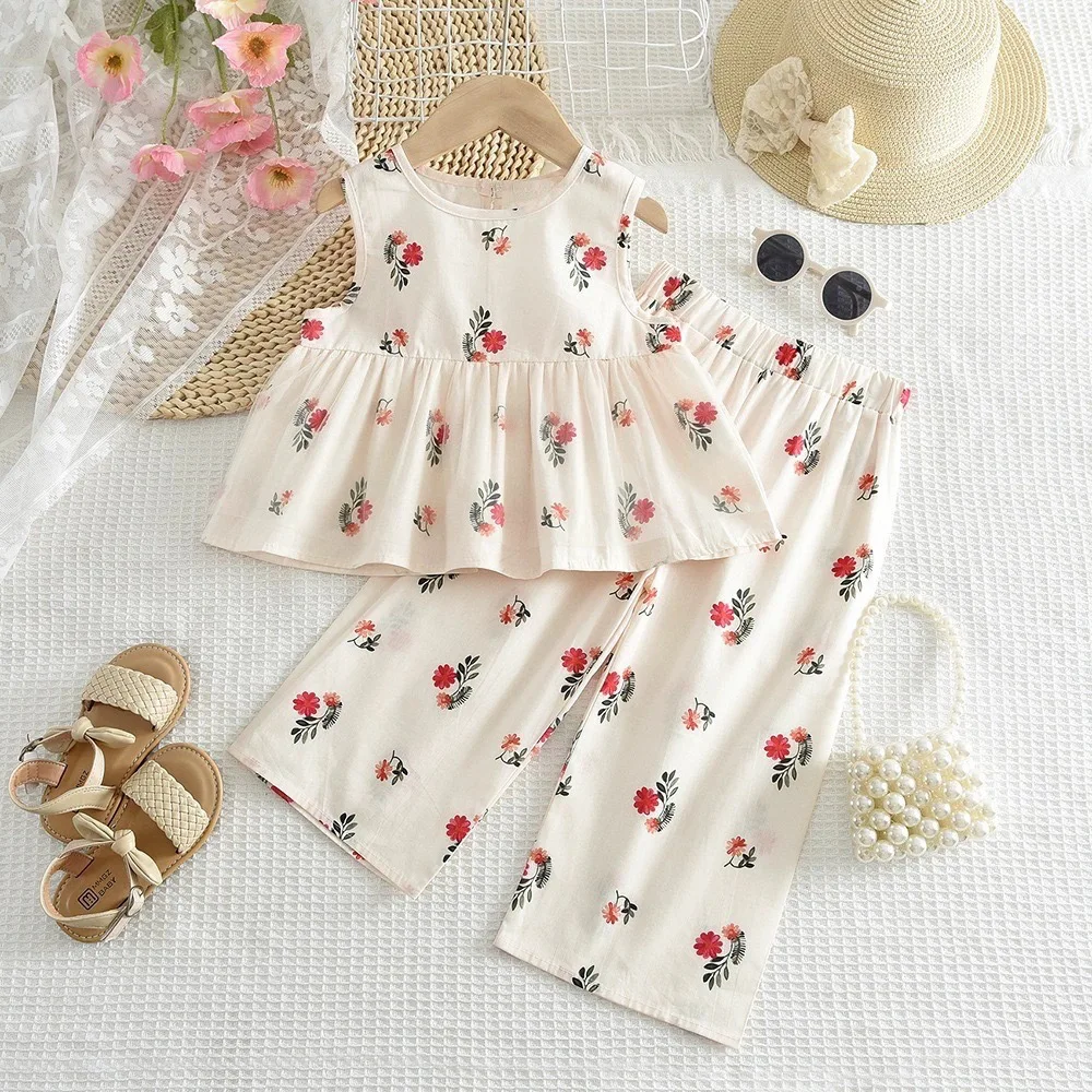 Girls Clothes Sets Summer 2026 Children Cotton Vest Tops Pants 2pcs Sleeveless Cute Suit For Baby Clothes Kids Princess Outfits