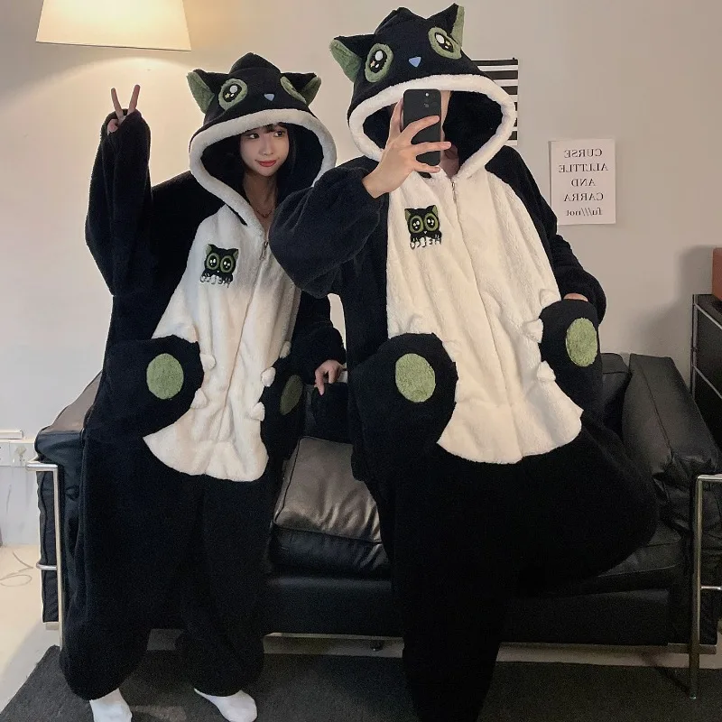 Kigurumi Adults Couples Pajamas Kawaii Cat Onesie Thick Hooded Sleepwear Woman Men One-Piece Homewear Winter Plush Loungewear image 2