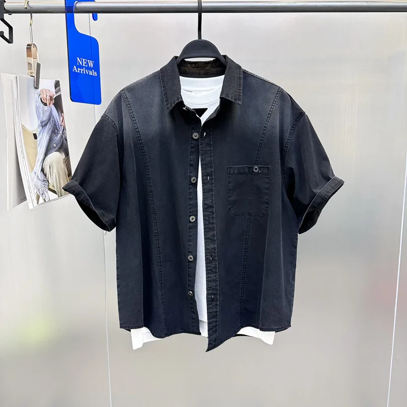 Summer New Trendy Brand Thin Shirt Fashionable Loose Heavy Industry Wash Gradient Short Sleeve Shirt