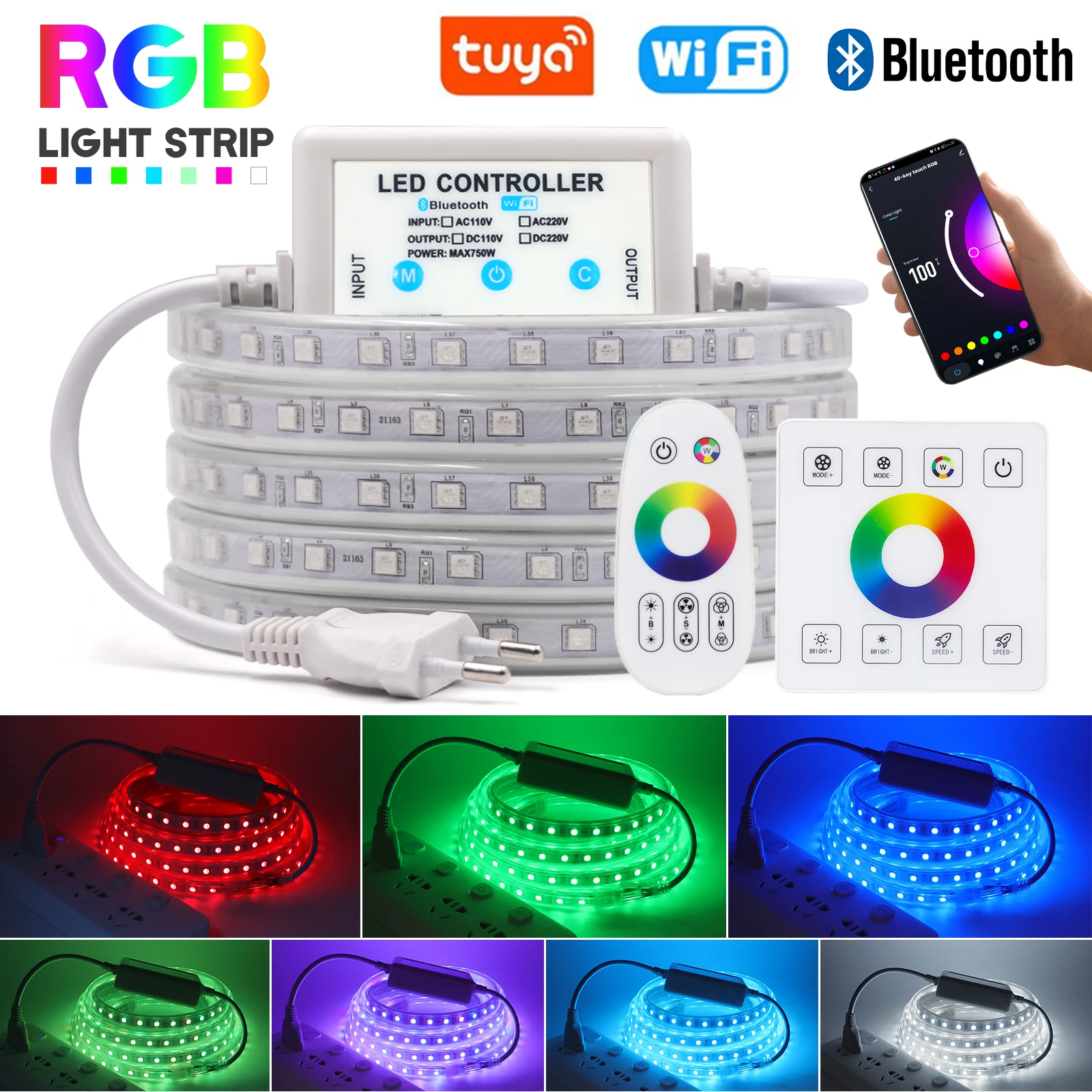 

110 В 220 В RGB светодиодная лента WIFI Bluetooth двухрежимное управление гибкая светодиодная лента 5050 60 светодиодов/м ленточная веревочная лампа с пультом дистанционного управления