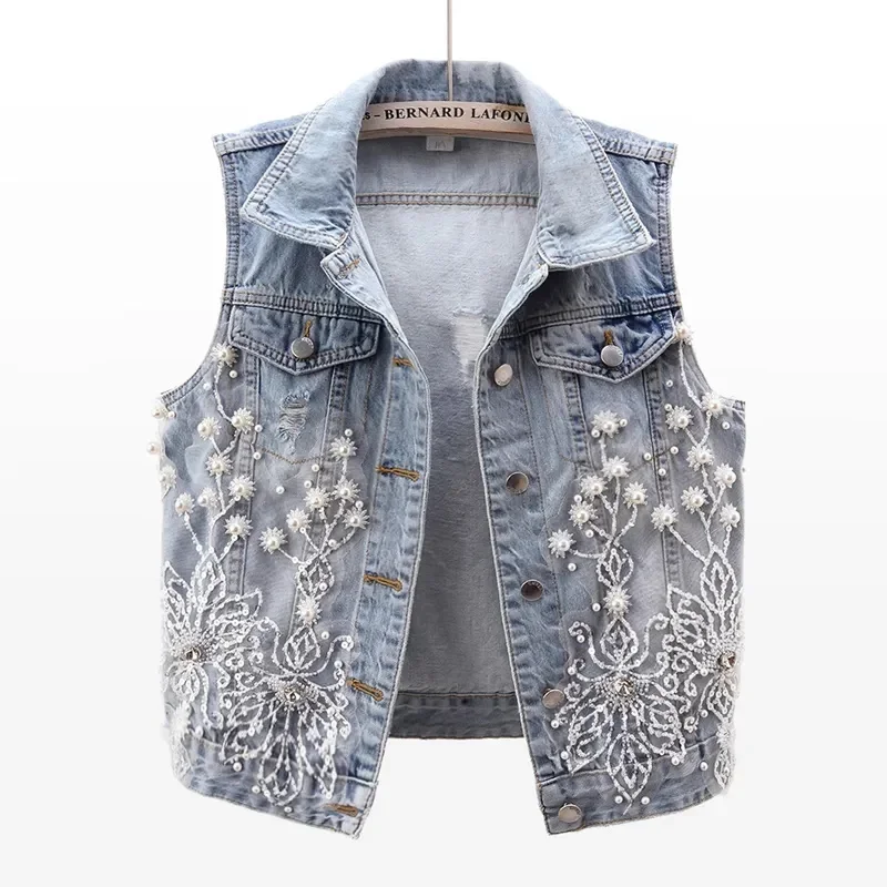 EEFF Women Denim Vest 2024 Pearls Fashion Ripped Autumn Jeans Jacket Sleeveless Loose Short Coat Causal Waistcoats Outwear Tops