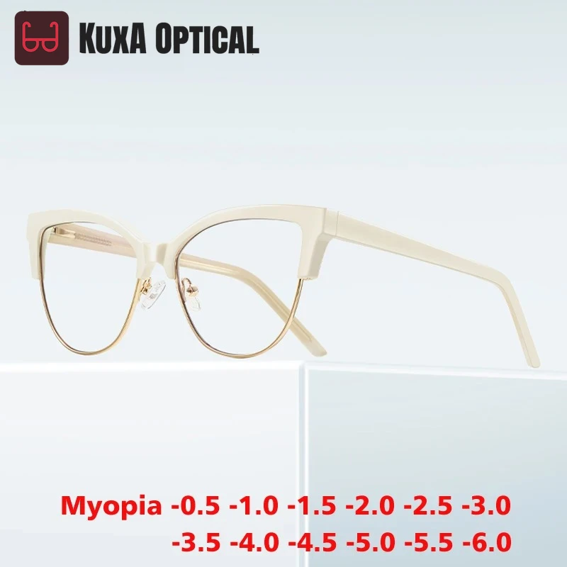 

KUXA кошачьи глаза, очки для близорукости, оправа с анти-синим светом, модная женская оптика, очки с обесцвечиванием по рецепту, от -0,50 до -10