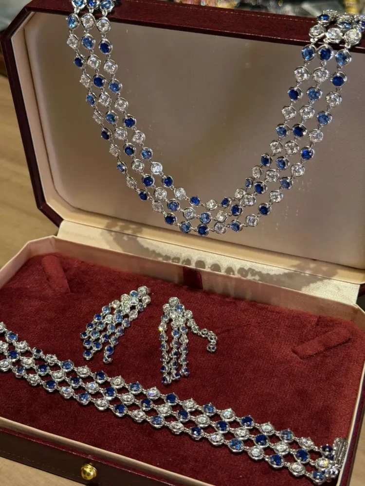 Bellux Multi Layer Round Jewelry Set Blue Pink White Zircon Necklace Bracelet Long Drop Earrings for Bridal Wedding Banquet
