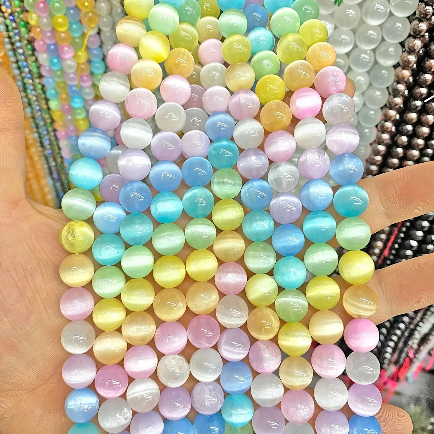 6/8/10Mm Macaron Gradient Cat'S Eye Beads, Natural Selenite Spacer Beads DIY Jewelry