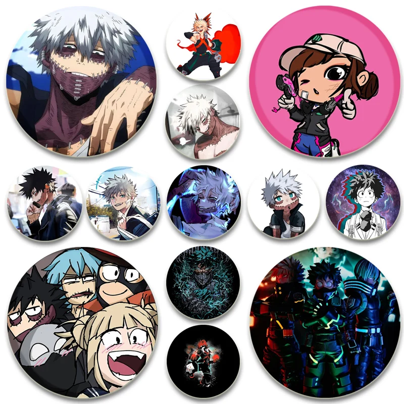 Hero Academia Round Pins Midoriya Izuku Bakugou Katsuki Anime Badge Todoroki Shoto Ochaco Uraraka Cartoon Brooch Bag Accessories