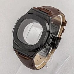 41mm Stainless Steel Clear Case 25mm Genuine Leather Strap Men's Watch Parts for Nautilus 30.5mm Dial NH35 NH36 Movement