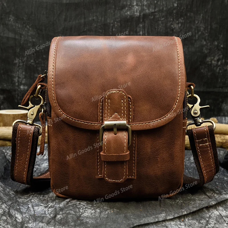 Vintage Fashion Genuine Leather Waist Bag, Crazy Horse Leather Outdoor Casual Multi-Functional Crossbody Belt Clip Phone Pouch