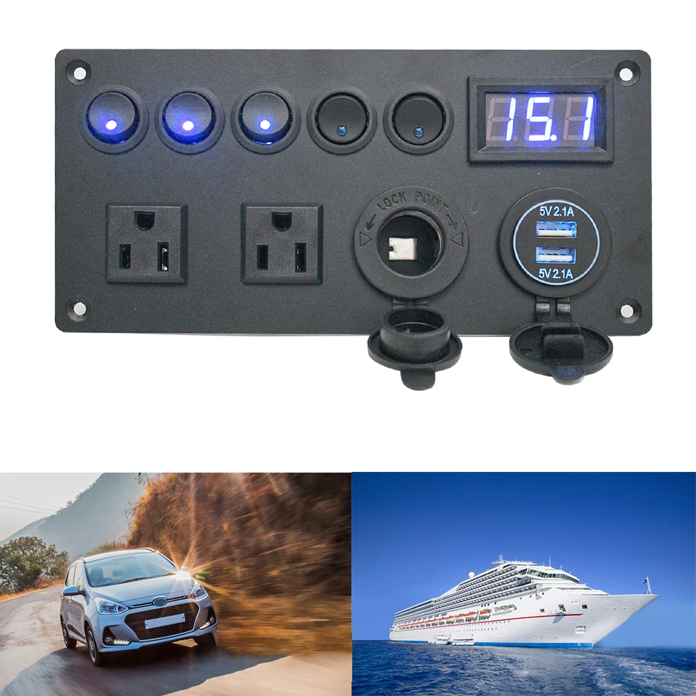 

Car Switch Panel 5 Gang Toggle Switch For Car Marine with US Plug Socket 12V/24V Dual USB Port LED Digital Voltmeter