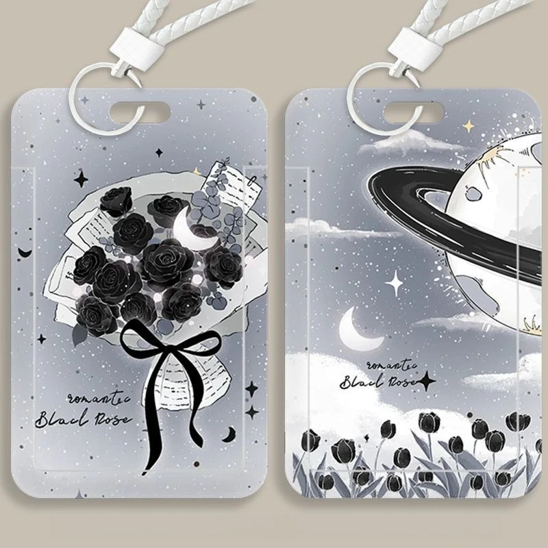 Black Rose Card Holder for Cool Boys Door Badge Holder Men Work Credential Case Gift Acrylic Photocard Holder Student Card Case