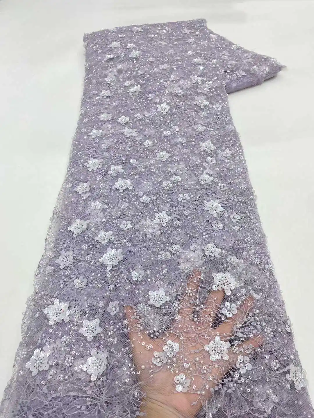 

2026 Latest African Meah Lace Fabric French Sequins High Quality Embroidery Lace Beads Tulle Lace Fabric For Party Dress 5 Yards