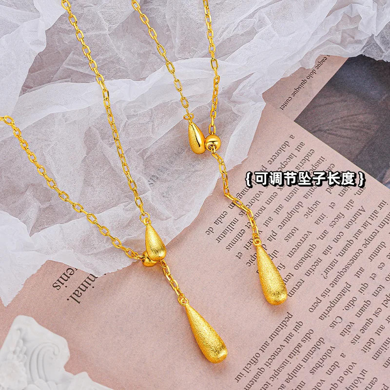 Niche design necklace 9999 24K Real Gold light luxury womens brushed craft water drop adjustable clavicle chain necklace