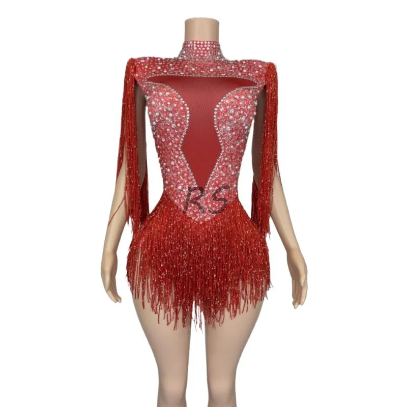

Dropshipping Women's Sexy Red Tassel Mini Bodycon Beaded Jumpsuit Fashion Party Club Night Bodysuit Performance Wear