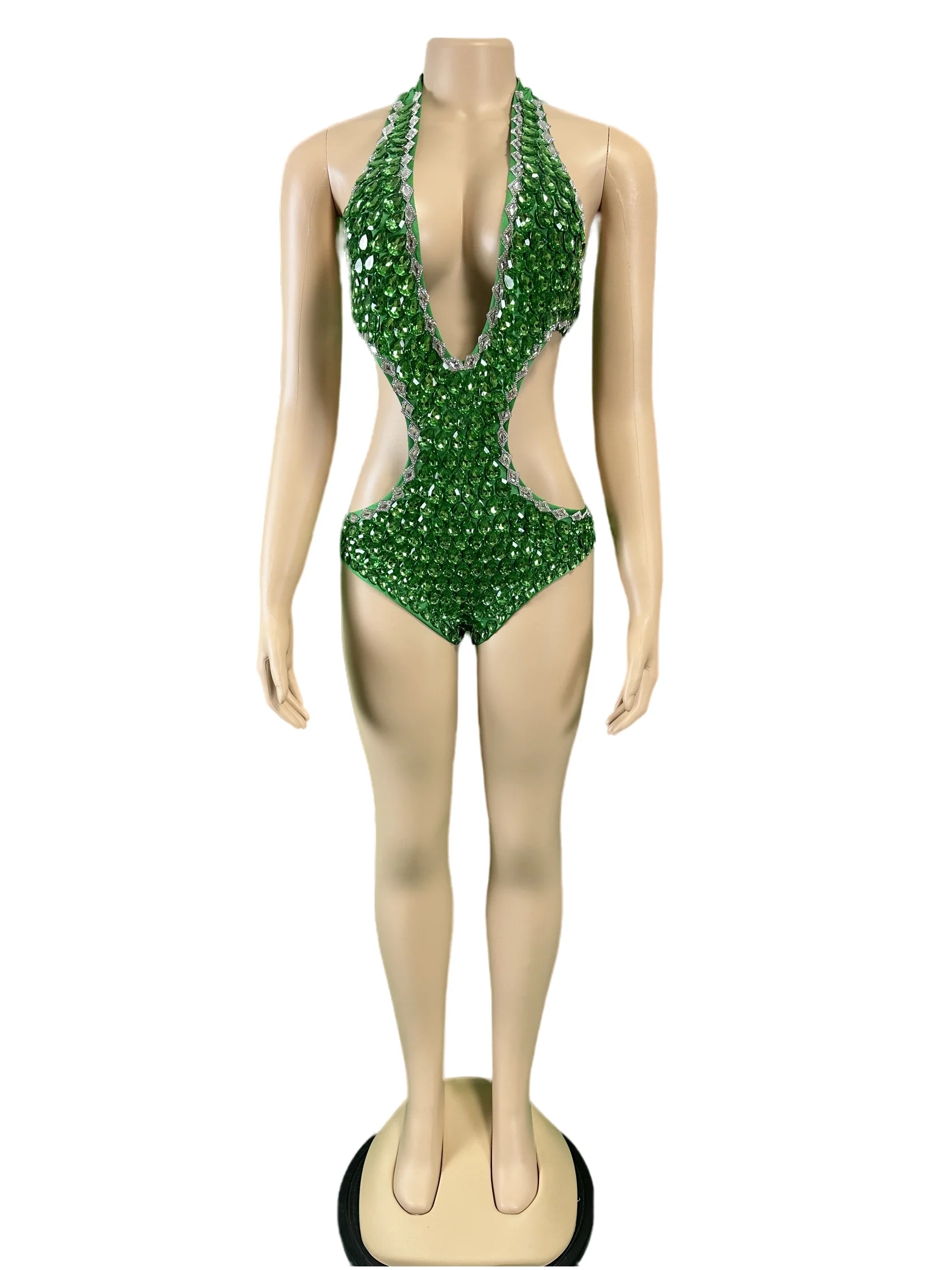 반짝 이는 라인 석 Deep-V 섹시한 반짝 이는 바디 슈트 파티 쇼 무대 공연 의상