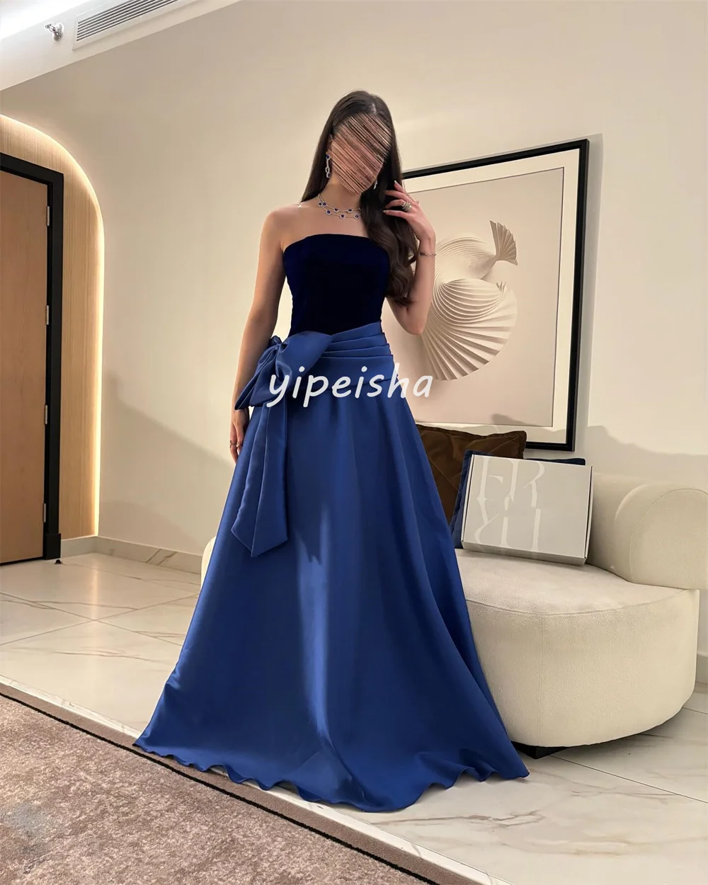 Aangepaste moderne stijl bijpassende plooi gedrapeerde strik A-lijn strapless lange jurken op maat gemaakte gelegenheidsjurken maten beschikbaar formeel