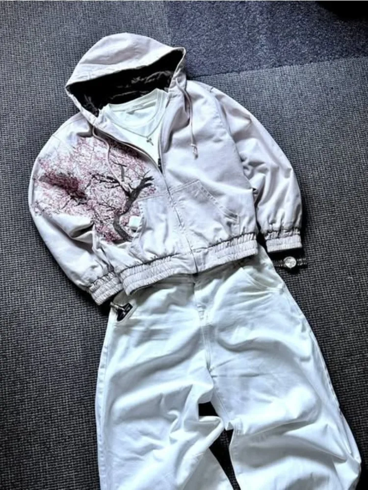 Harajuku Goth Y2k jas kersenbloesem zware industrie borduurwerk hoodies bloem boom patroon street style dames rits jassen - afbeelding 2