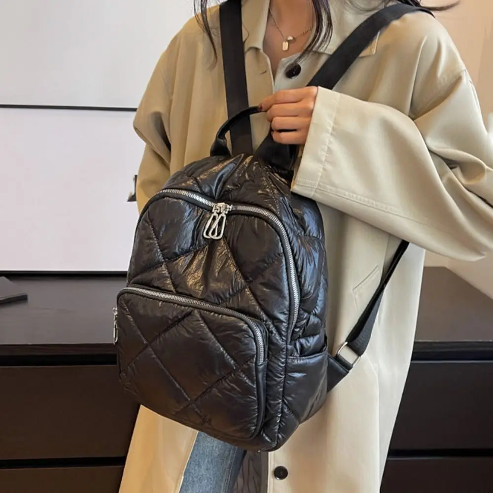 Solid Color Space Cotton Backpack Nylon Pleated Bubble Shoulder Bag Large Capacity Adjustable Shoulder Strap Student Schoolbag