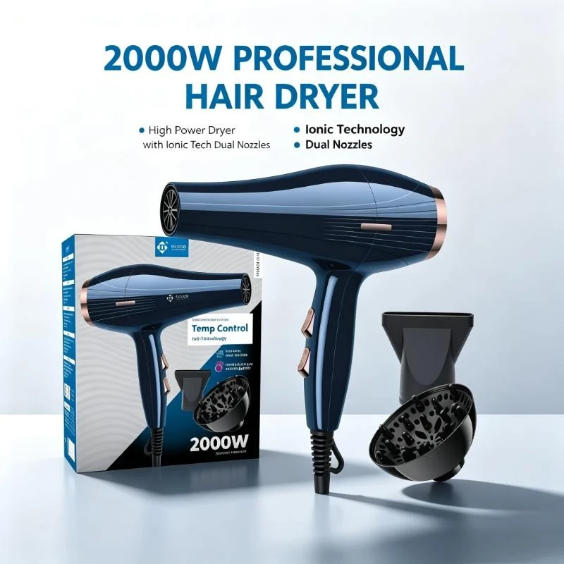 Asciugacapelli con ugello concentratore e diffusore, 100‑240V, ideale per viaggi e hotel, pratico per la cura dei capelli in loco.