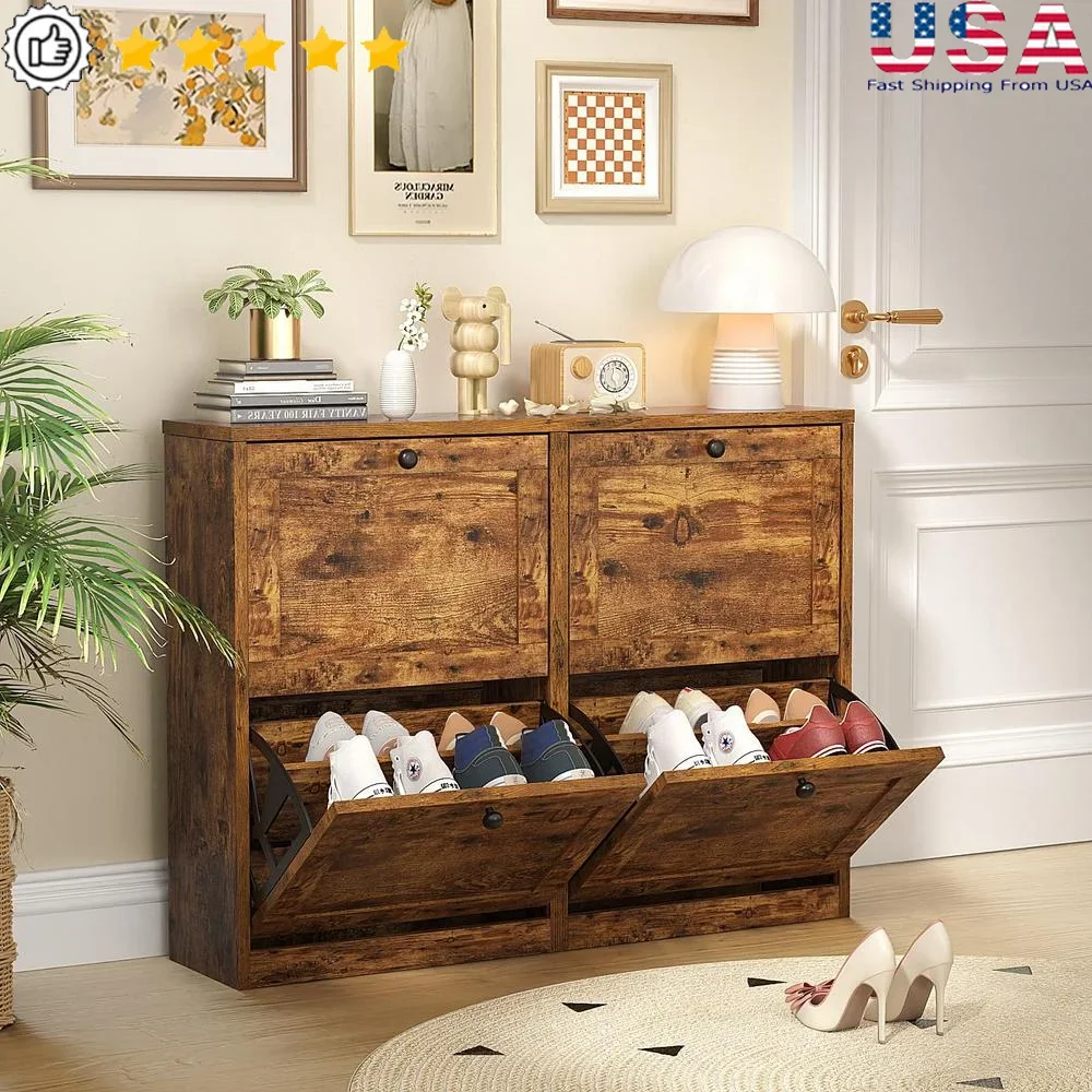 Freestanding Shoe Cabinet 4 Flip Drawers Adjustable Shelf Anti-Tipping Device Entryway Storage Space-Saving Organizer MDF