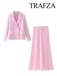 TRAFZA Women's New Satin Suit Skirt Set Female Fashion Pink Double-Breasted Suit Jacket+Elegant Zipper Commuting A-line Skirt