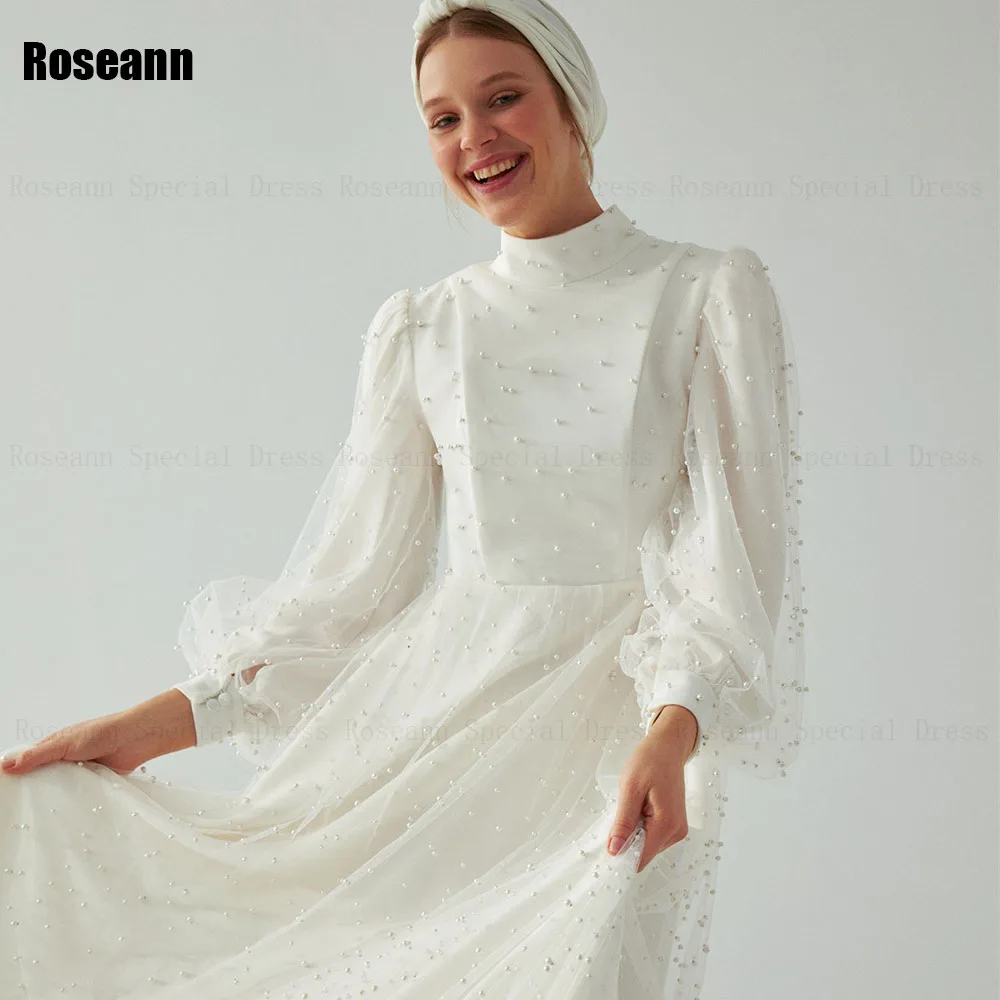 Robe de Mariée Musulmane en Satin, Col Haut, Ivoire, Ligne A, Drapée, Plissée, Perles, Longueur au Sol